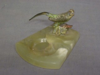 An Art Deco onyx ashtray decorated an Austrian cold painted bronze figure of a budgerigar 3"