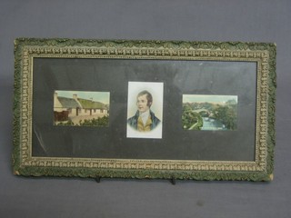 A coloured print of Robbie Burns, together with 2 others Ayre Burns Cottage and Ayre Auld Bridge, mounted as 1, 6" x 12 1/2"