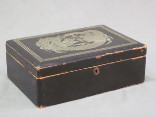 A rectangular Eastern black lacquered box with hinged lid 12"