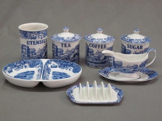 A Spode blue and white meat plate 14", a circular dish 8", a twin section dish 11", a 5 bar toast rack 8", a sauce boat and stand a utensils jar and  tea, coffee and sugar storage jars
