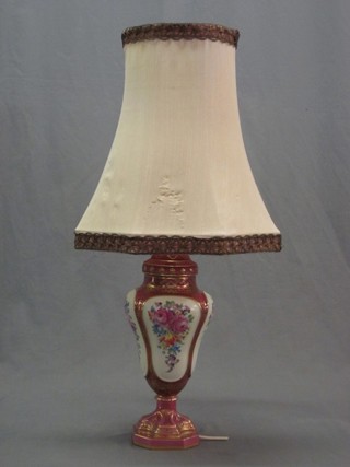 A late Dresden porcelain pink glazed table lamp with floral decoration 14"
