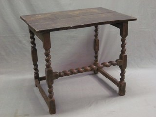 An 18th Century rectangular oak side table, raised on turned and block supports 32" (missing drawer)