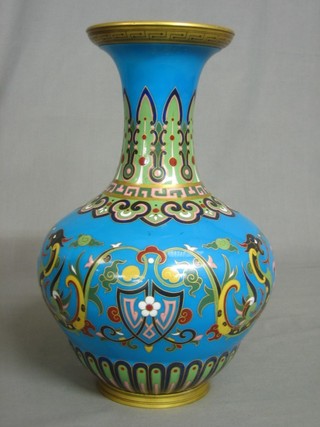 A handsome 19th Century Minton club shaped vase with garter blue ground and floral decoration with gilt banding, the base impressed Minton 13"