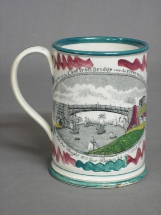 A 19th Century Sunderland lustre tankard decorated West View of the Cast Iron Bridge Over the River Wear and with motto, the interior with toad