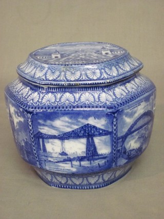 A Malingware octagonal blue and white jar and cover for Ringtons Tea, for The North East Coast Industrial Exhibition, Newcastle Upon Tyne 1929 (slight chip to lid) 5"