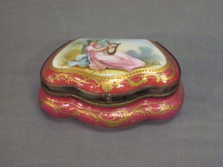 A Meissen style trinket box with hinged lid, decorated a figure of a lady playing a lyre, the interior painted flowers, the base with crossed sword mark 4"