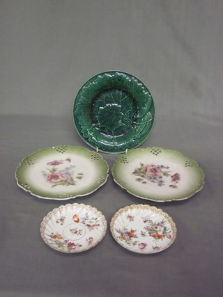 2 circular Dresden porcelain saucers with floral decoration 5", a green leaf shaped plate 9" and 2 green ribbonware plates with floral decoration (1 chipped) 9"