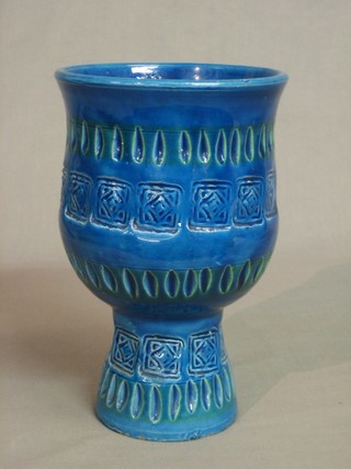 An Italian blue glazed Art Pottery goblet shaped vase by "Bittossi" 9"