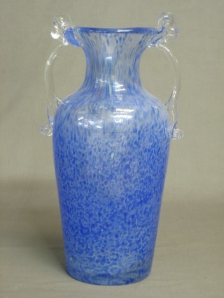 A blue Art Glass twin handled vase 11"