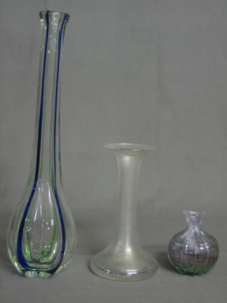 An Art Glass club shaped vase 15", a clear glass vase 7" and a small glass vase 4"