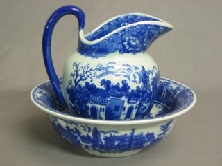 A Victorian style blue and white jug and bowl set