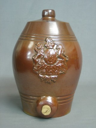 A 19th Century brown salt glazed barrel decorated The Royal Arms 12"