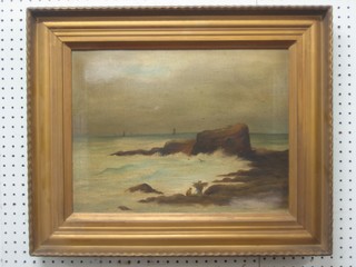 A 19th Century oil on canvas "Seascape with Figures and Boats in Distance" 12" x 16 1/2"