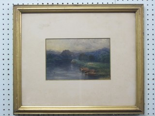 Watercolour drawing, "River with Moored Boats and Figures on Towpath" 6" x 10"
