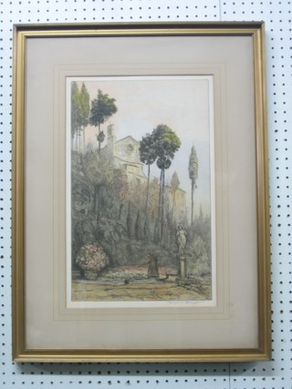 An artists proof coloured print "The Monastery Garden" monogrammed W H and signed in the margin, 17" x 11"