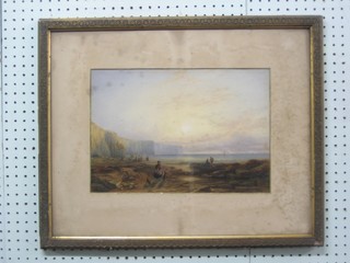 19th Century watercolour drawing "Figures Walking by Cliffs" 10" x 14"