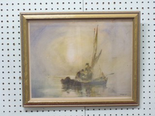 P Hayne, impressionist watercolour "Figures in Fishing Boat" 10" x 13"