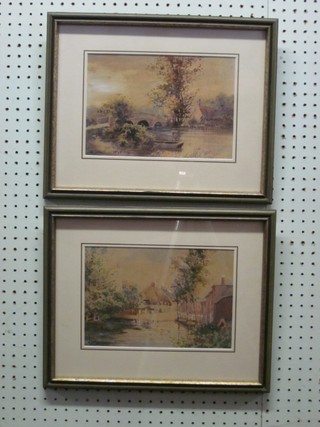 A pair of watercolours "Three Arched Bridge by Stream and Town Ford" indistinctly signed and dated 1935 7" x 10"