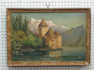 Oil on board "Continental Castle by a Lake" 11" x 17"
