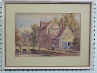 A  19th Century watercolour drawing "Half Timbered House by a Pond with Figure" 7" x 10 1/2"