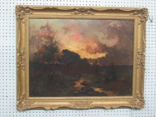 Impressionist oil on canvas "Landscape with Trees at Dusk", the reverse labelled this painting is by W E Appleby 18 1/2" x 24" (re-lined)