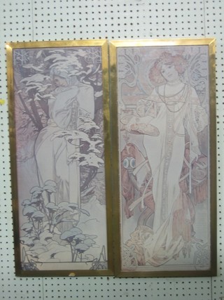 A pair of Art Nouveau style coloured prints "Standing Ladies" contained in a gilt frames 26" x 10 1/2"