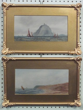 A pair of 19th Century watercolour drawings "Seascapes with Fishing Boats" 4 1/2" x 9 1/2"
