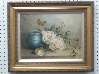 Daisy Fleming, oil on canvas, still life study "White Roses, a Butterfly and a Blue Jug" 8 1/2" x 11"