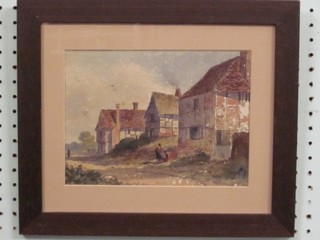19th Century watercolour "Study of Half Timbered Houses by a Track with Figures" 7" x 9 1/2"