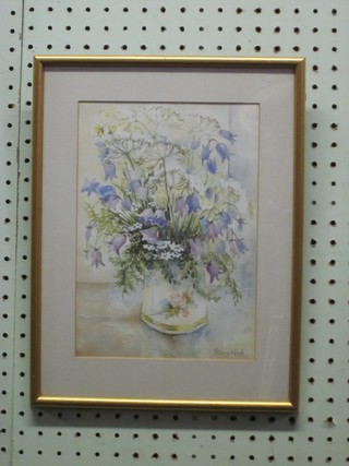 Penny Ward, watercolour still life study "Vase of Bluebells" 10" x 7"