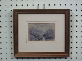 A 19th Century gouache drawing "Moonlit Mountain River with Figures, Boats etc" 2 1/2" x 4"