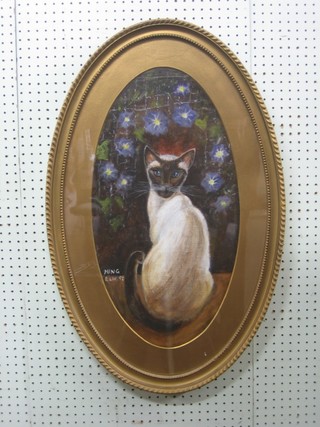 Oil on board "Seated Siamese Cat -  Ming" monogrammed E W L, dated '92 24" oval