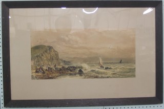 R Cooper, watercolour drawing "Seascape with Sailing Ship" signed and dated 1867 9" x 20"