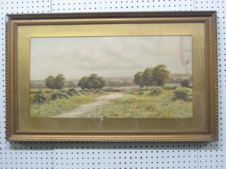George Oyston, watercolour drawing "Downland Scene with Fields and Trees" 11" x 23" (some water damage to top right hand corner)