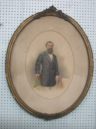A 19th Century enhanced coloured print "Portrait of a Standing Gentleman" 17" oval