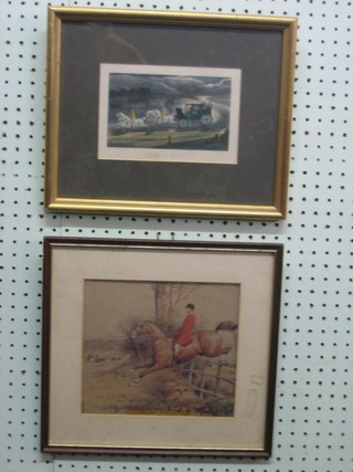 A coloured hunting print "Tom Firr by Basil Nightingale" 8" x 9" and  a coloured coaching print after Alken "Light Come, Light Go" 4" x 6 1/2"