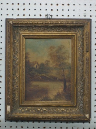 19th Century oil painting on board "Thatched Cottage by a River" 8" x 6"