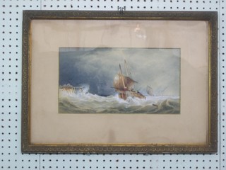 19th Century watercolour drawing "Ship in Full Sale in Heavy Sea" 8" x 13"
