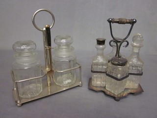 A silver plated and glass 4 piece cruet together with 2 glass pickle jars, raised on a silver plated base