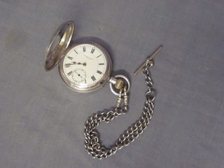 A silver cased demi-hunter pocket watch by Walter Well of Stroud, contained in a silver case and hung on a plated double Albert chain