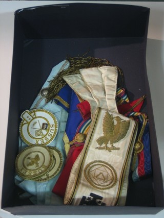 A quantity of Masonic regalia -  a Red Cross of Constantine Grand Officer's sash, 3 Past Masters collars, a Provincial Grand Officer's collar, Provincial Grand Chapter collar, Past Principals collar, a Royal Ark mariner's collar and 4 apron badges 20-30