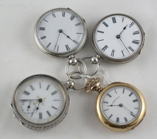 A lady's open faced pocket watch contained in a gilt metal case and 3 "silver" cased open faced pocket watches (2f)