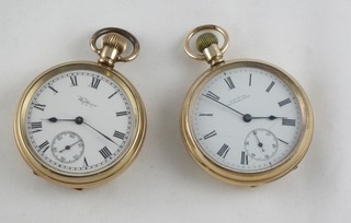2 open faced pocket watches by Waltham contained in gold plated cases