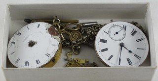 An 18th Century fusee pocket watch movement by George Jameson, Queen Street, Portsea (f), a pocket watch movement by James Walker 61 The Strand (f) and a collection of pocket watch keys