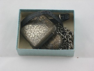 An engraved silver vesta case, a silver sovereign case, a lady's wristwatch and a curb link chain