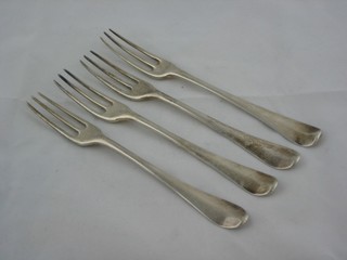 4 antique silver Old English pattern, bottom marked 3 pronged pudding forks, marks rubbed, 5 ozs