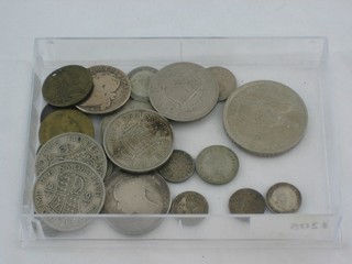 A Victorian silver half crown and various silver coins etc