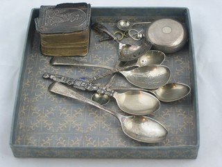 A miniature silver covered book of Common Prayer, a silver cased pocket watch, a pierced silver caddy spoon etc