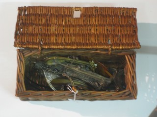 A rectangular wicker box 9", 3 hair slides and 3 lady's evening bags