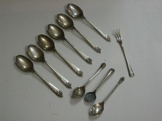A set of 6 silver tea spoons, a miniature silver fork, a silver condiment spoon and 2 other spoons 3 ozs